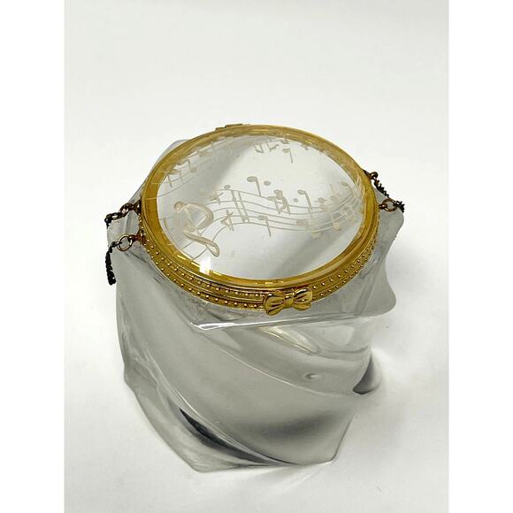 Frosted Crystal Gold Trimmed Hinged Dresser Trinket Box Musical Notes Signed KF - Picture 4 of 13